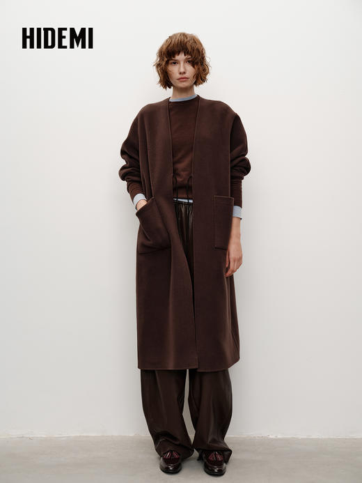 HIDEMI 进口山羊绒v领廓形系带长款浴袍大衣毛呢外套 炭灰色 商品图0