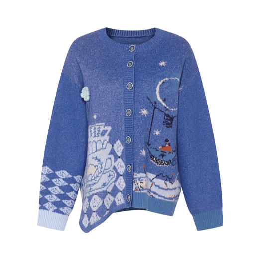 两三事 星河遐想 2025冬季新款立体钩花不对称下摆花色毛衣开衫女 商品图4