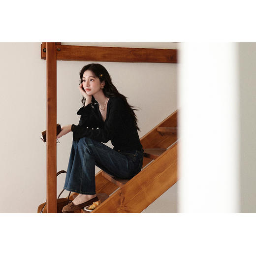 鹿向南「星芒缀衣」黑色针织衫女秋季新款设计感气质长袖上衣T恤 商品图1