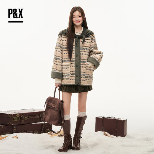 P&X设计师女装2025冬季拼接复古假两件短款外套825413237 花色 商品图1