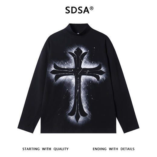 T4909SDSA男士秋冬新款痞帅男装街头泼墨十字印花半高领长袖T恤百搭潮 商品图1