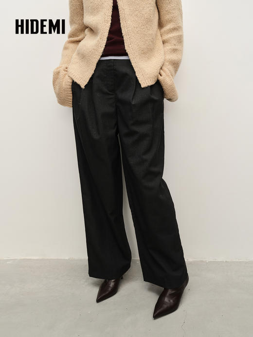 HIDEMI 精纺羊毛阔腿压褶西裤 黑色/乌木棕/深灰色 商品图2