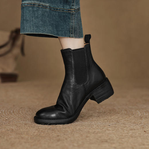 复古头层牛皮！圆头粗跟拼接切尔西靴！2025秋冬舒适韩版套筒马丁靴短靴！ 商品图2