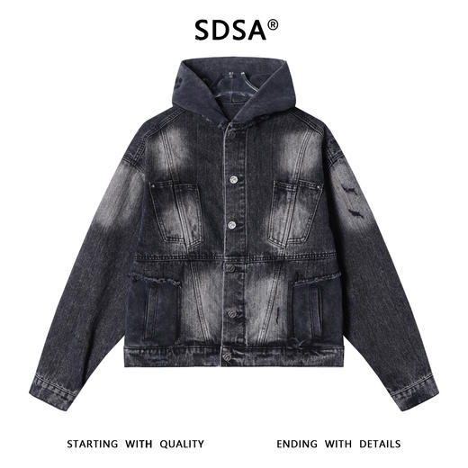 25139SDSA男士秋冬新款痞帅男装潮牌磨白磨破纽扣连帽牛仔夹克百搭时尚 商品图1