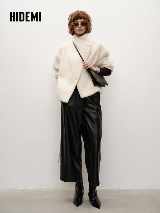 HIDEMI 进口马海毛长毛不对称领可拆卸腰带廓形大衣外套 自然白 商品图1