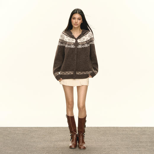 Ariseism 美式复古深卡其费尔岛连帽毛衣女秋季新款 商品图3