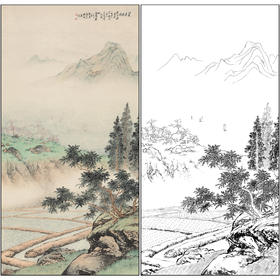 陈少梅山水人物工笔画白描底稿《江南春晓》临摹勾线高清打印稿SM40