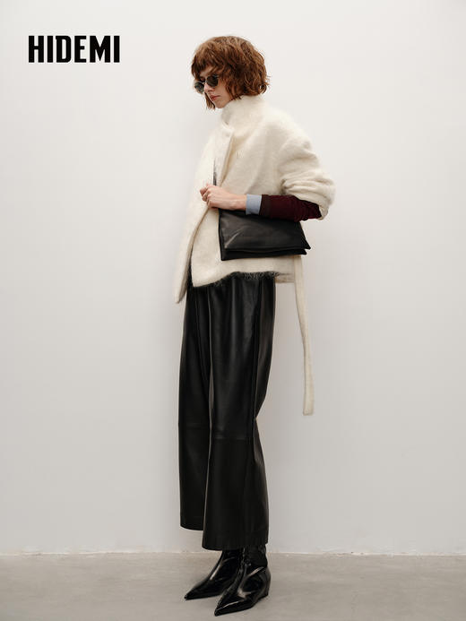 HIDEMI 进口马海毛长毛不对称领可拆卸腰带廓形大衣外套 自然白 商品图4