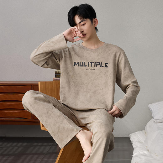 自然醒简叙男士家居服牛奶丝长袖长裤套头睡衣QH 商品图10