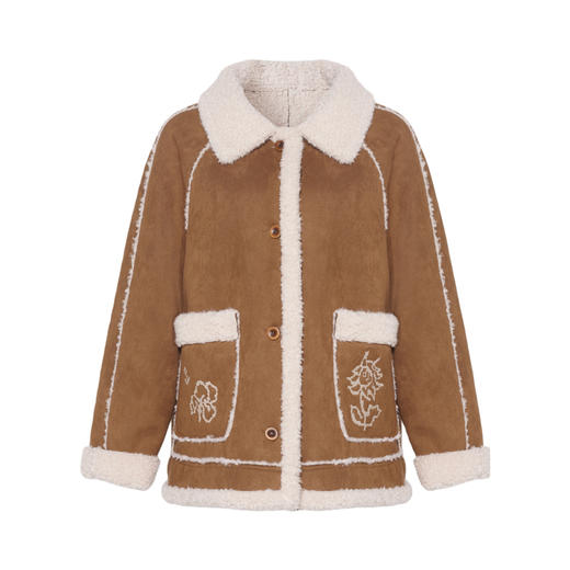 两三事梵高文艺焦糖朗姆2025冬新款刺绣口袋皮毛一体两面穿外套女 商品图4