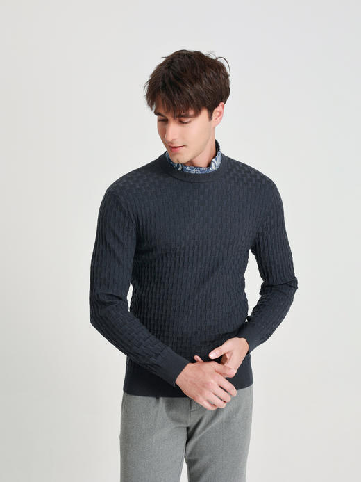 callisto星空蓝巴素兰羊毛棋盘格提花毛衣 商品图3