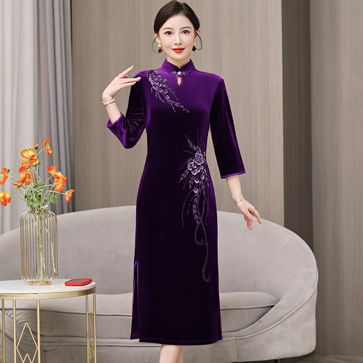 AHM yqwl5652新国风礼服裙气质优雅丝绒连衣裙 商品图2