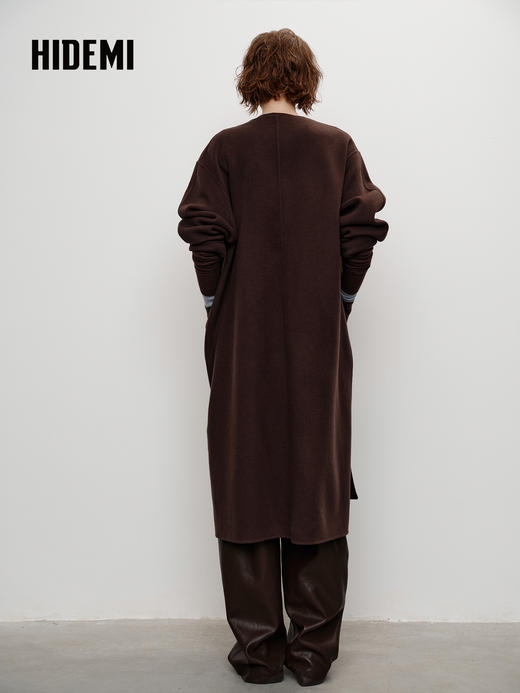 HIDEMI 进口山羊绒v领廓形系带长款浴袍大衣毛呢外套 炭灰色 商品图5