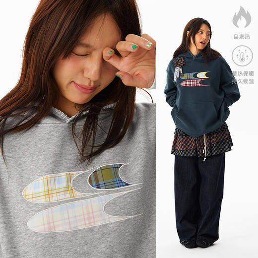 CryingCenter 格纹贴布绣加绒连帽卫衣 配胸花 男女同款 哭喊中心 商品图3