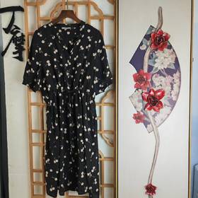 仅一件！【低价清仓】L码 樱桃印花桑蚕丝减龄系带收腰显瘦连衣裙ZFYY020