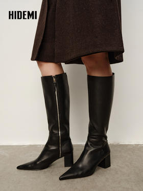 HIDEMI 进口头层牛皮设计感粗跟尖头显瘦长靴高筒靴 黑色