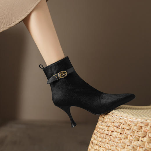 【预售5天】新款尖头细跟高跟短靴女时尚马毛百搭舒适瘦瘦靴侧拉链时装靴HP&A2565-1 商品图4