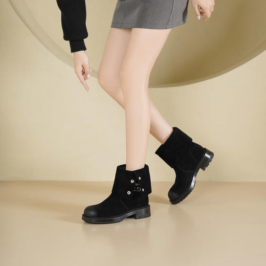 Westory2025年冬季牛绒擦色复古低跟靴筒可翻折两穿休闲甜酷一脚蹬短靴S25DS86231 商品图4