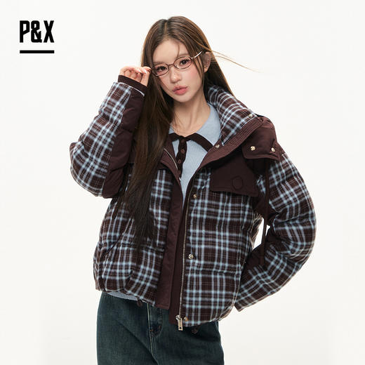 P&X设计师女装2025冬季格子森系连帽短款羽绒服 825424054 咖色 商品图3