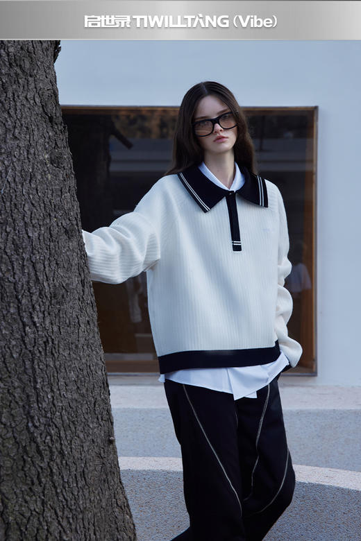 启世录TIWILLTANG“洄漩墟榆”翻领画板撞色笔迹知性光谱撞色毛衫 商品图5