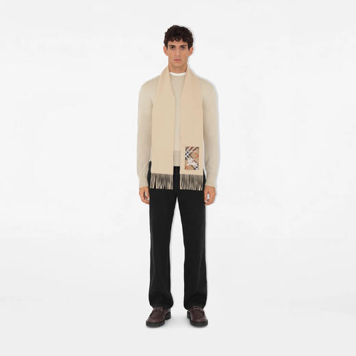 【二】BURBERRY 巴宝莉 中性马术骑士徽标格纹标签羊绒围巾 米色 8103995 A4186 商品图5