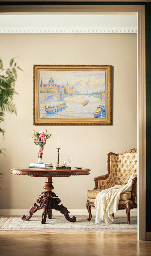 独角鹿西洋古董20世纪法国现代点彩画派名家Yvonne Canu签名创作风景主题布面油画《巴黎塞纳河畔》 商品图0