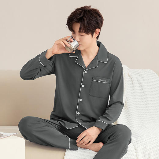 影与月白 男士家居服(VIP)【100%纯棉】经典翻领男士长袖舒适纯棉睡衣套装可外穿家居服 商品图2