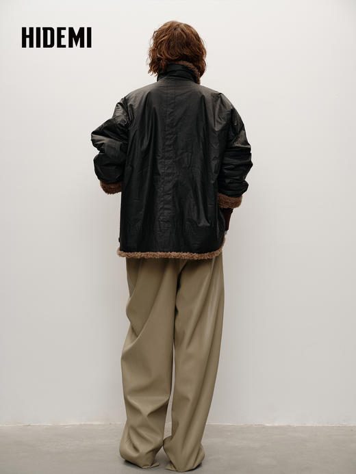HIDEMI 双面两穿立领圈圈绒拼接复古做旧感加厚毛毛大衣外套 炭灰咖色 商品图11