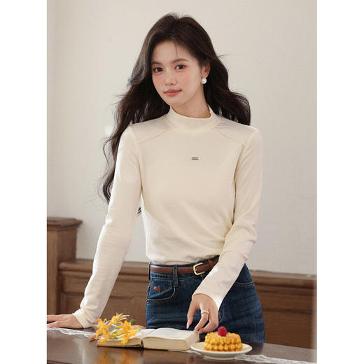 鹿向南「月光流萤」米白色半高领T恤打底衫女秋修身显瘦内搭上衣L58877 商品图0