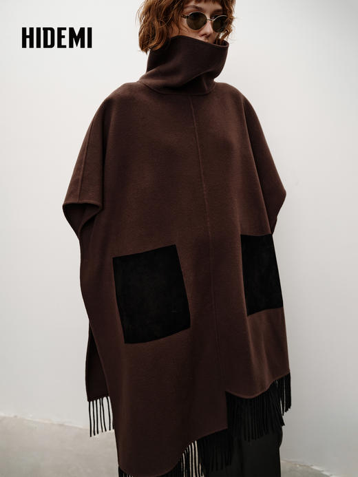 HIDEMI 大秀款进口山羊绒立领麂皮拼接流苏廓形斗篷无袖大衣外套 灰黑色 商品图4