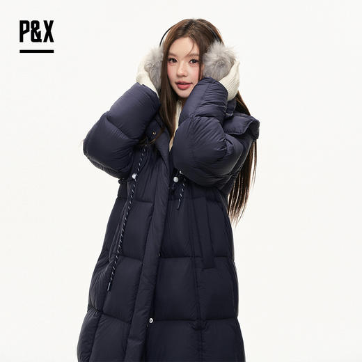 P&X设计师女装2025冬季连帽防风抗寒长款羽绒服825424070 藏蓝 商品图3