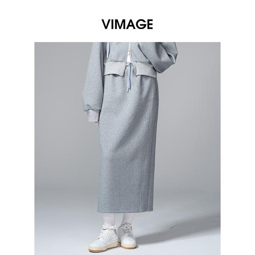 VIMAGE纬漫纪时尚简约松紧腰撞色系带设计秋冬新款半裙V2406115 商品图3