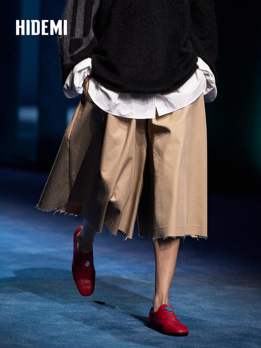 HIDEMI 极简松紧腰阔腿工装感休闲风进口斜纹棉超显瘦6.5分裤中裤 商品图1