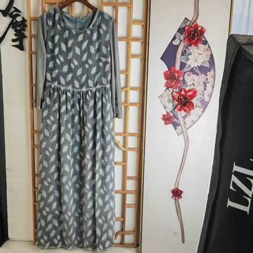 仅一件！【低价清仓】M码 文艺树叶印花收腰显瘦国风优雅长裙ZFYY021 商品图0