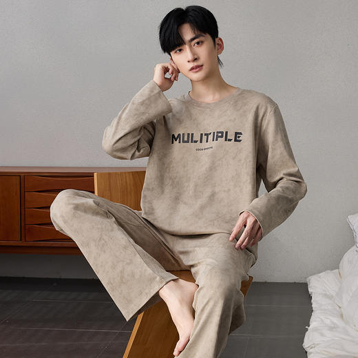 自然醒简叙男士家居服牛奶丝长袖长裤套头睡衣QH 商品图11