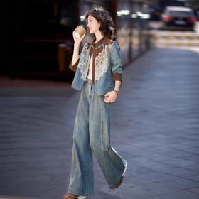 新中式牛仔套装，时尚洋气蕾丝拼接外套两件套HR-XPH5892