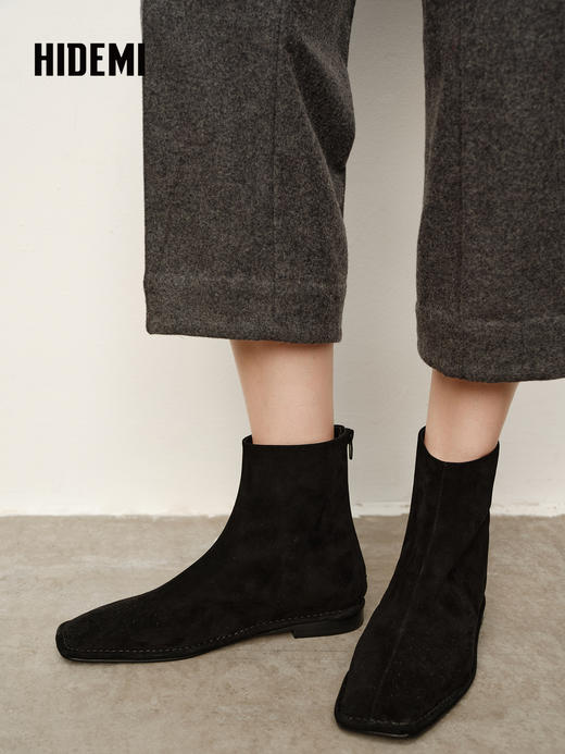 HIDEMI 进口羊麂皮方头内增高短靴裸靴 黑色 商品图1