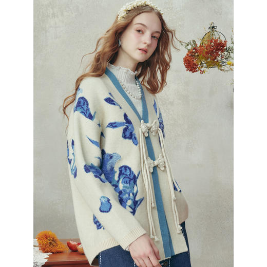两三事梵高文艺繁花协奏2025冬季新款新中式提花绣盘扣毛衣开衫女 商品图2