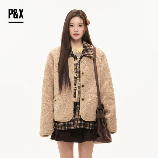 P&X设计师女装2025冬季假两件拼接梭织短款外套 825413240 卡其 商品图3