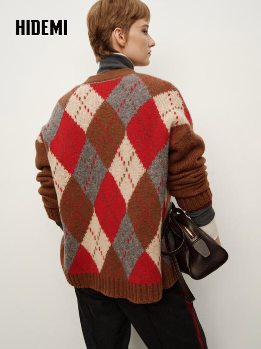 HIDEMI 进口澳洲美利奴羊毛复古菱形撞色粗针加厚开衫毛衣 棕红拼色 商品图4