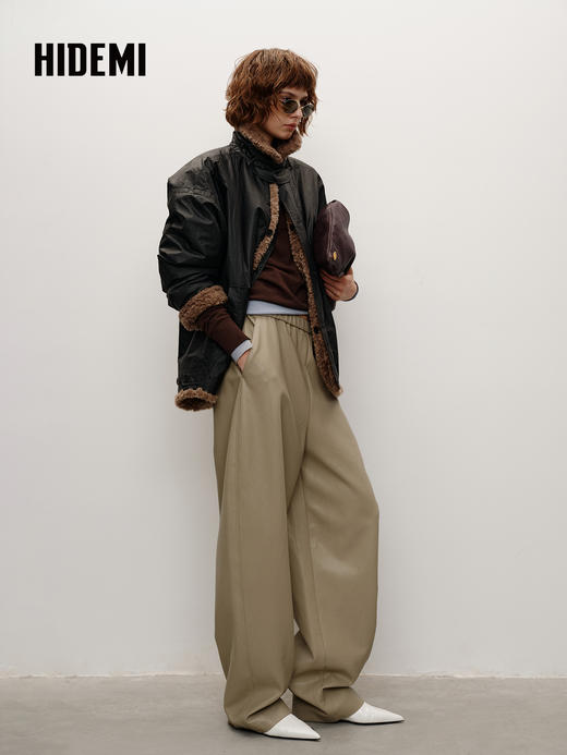 HIDEMI 双面两穿立领圈圈绒拼接复古做旧感加厚毛毛大衣外套 炭灰咖色 商品图9