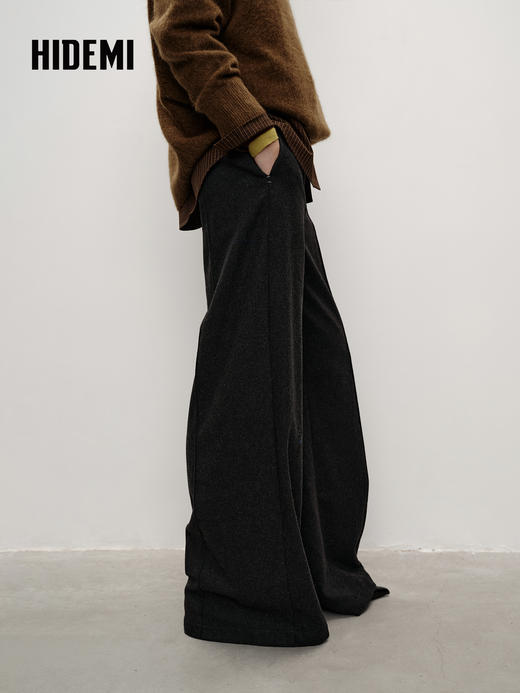 HIDEMI  大秀款进口羊毛手工毛边腰头设计感阔腿 厚款西裤长裤 深灰色 商品图1