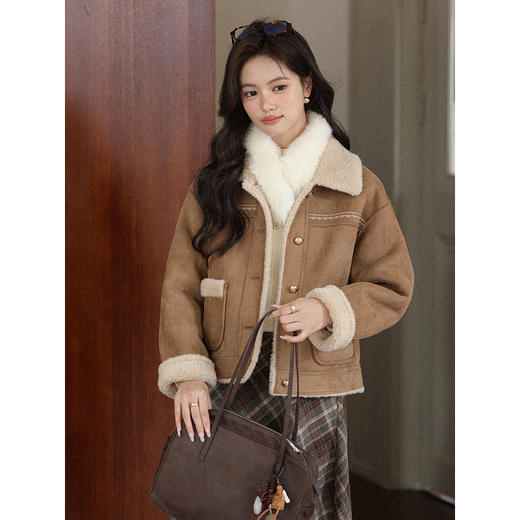 鹿向南「秋街夕阳」美拉德浅咖色短款外套女秋冬宽松皮毛一体上衣L58865 商品图1