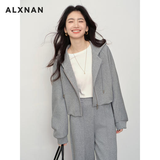 鹿向南「雨下屋檐」冷灰色连帽卫衣女早秋宽松慵懒感长袖开衫外套L58795SY 商品图2