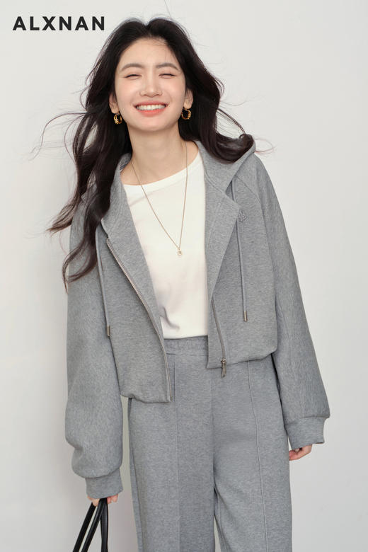 鹿向南「雨下屋檐」冷灰色连帽卫衣女早秋宽松慵懒感长袖开衫外套L58795SY 商品图5