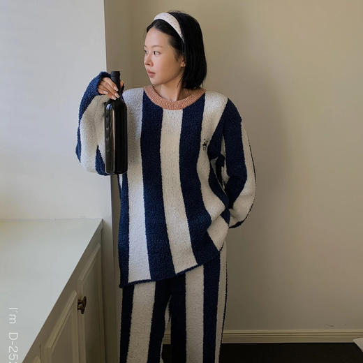 贴身暖宝宝～条纹小熊猫绵绵云朵加绒加厚慵懒家居服 半边绒睡衣套装 商品图2