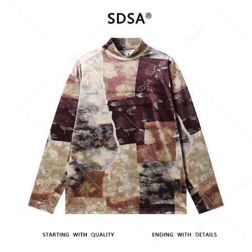 T4892SDSA男士秋冬新款痞帅男装美式撞色植物花卉半高领长袖T恤百搭潮 商品图1