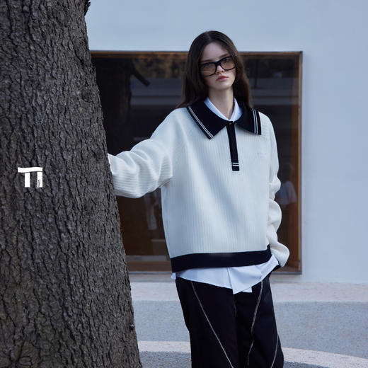 启世录TIWILLTANG“洄漩墟榆”翻领画板撞色笔迹知性光谱撞色毛衫 商品图0