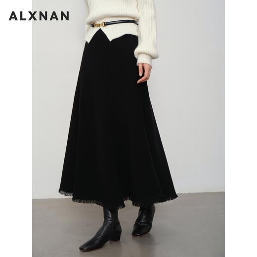 鹿向南「雅致书卷」黑色高腰A字流苏毛边半身裙女秋显瘦垂感长裙 商品图0
