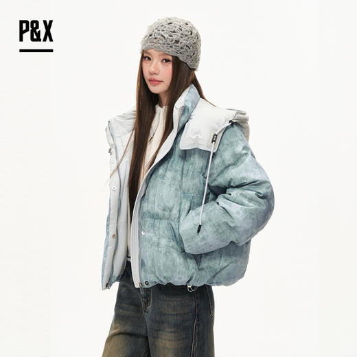 P&X设计师女装2025冬季保暖扎染潮流短款羽绒服 825424050 蓝色 商品图2